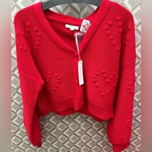 Valentines Sweater Red Hearts Crop Cardigan Popcorn Design ❤️